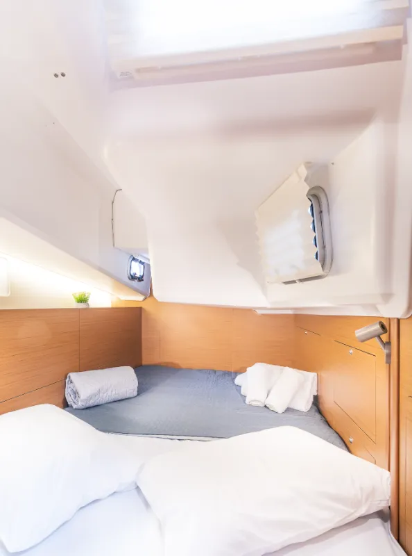Cabin on Emotion, a Jeanneau Sun Odyssey 410 sailboat at Lavreotiki Municipal Unit, Greece