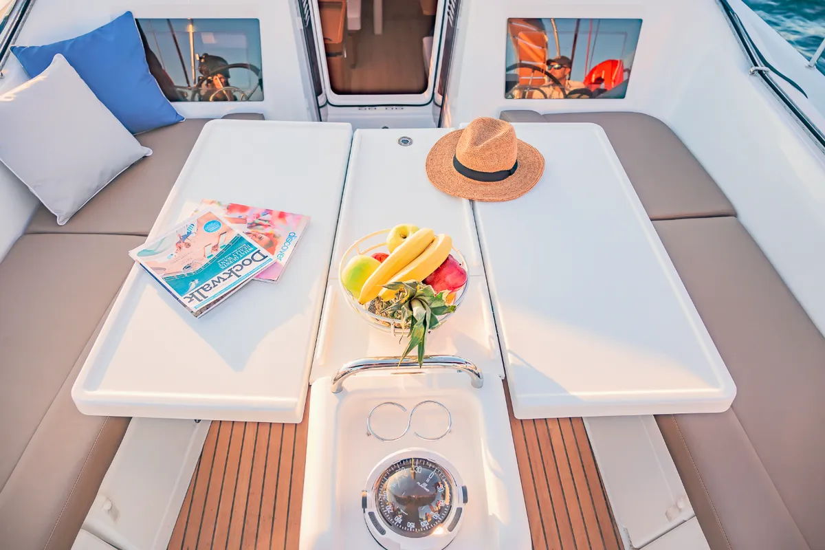 Cockpit of Emotion, a Jeanneau Sun Odyssey 410 sailboat at Lavreotiki Municipal Unit, Greece