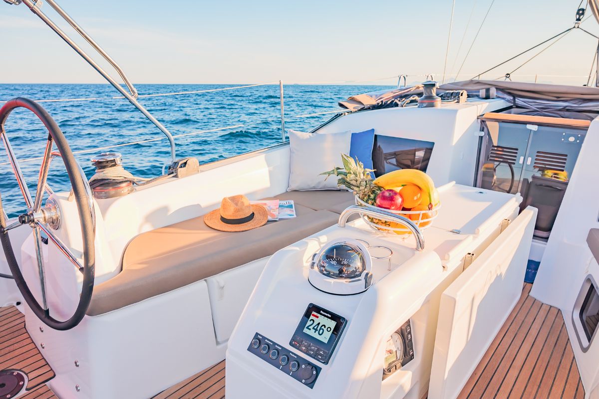 Cockpit of Emotion, a Jeanneau Sun Odyssey 410 sailboat at Lavreotiki Municipal Unit, Greece