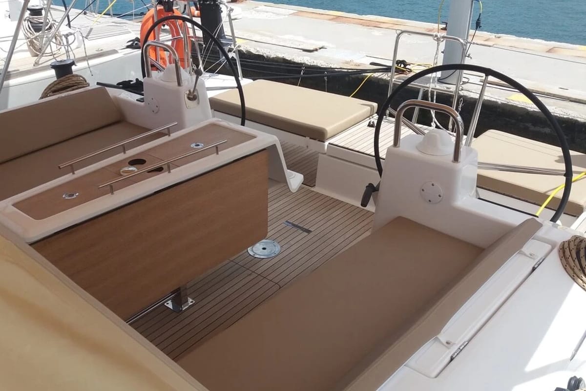 Cockpit of Nearchos, a Dufour 460 GL sailboat at Lavreotiki Municipal Unit, Greece