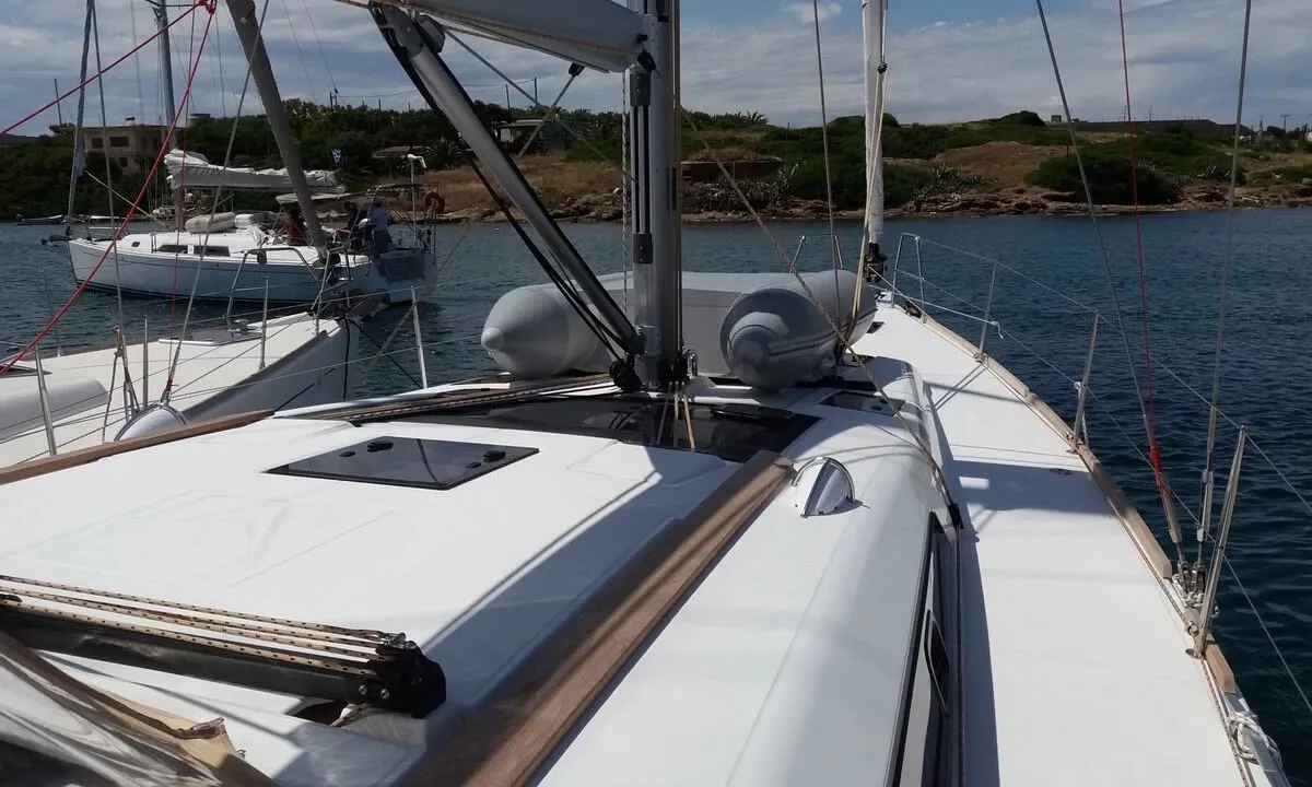 Deck of Nearchos, a Dufour 460 GL sailboat at Lavreotiki Municipal Unit, Greece