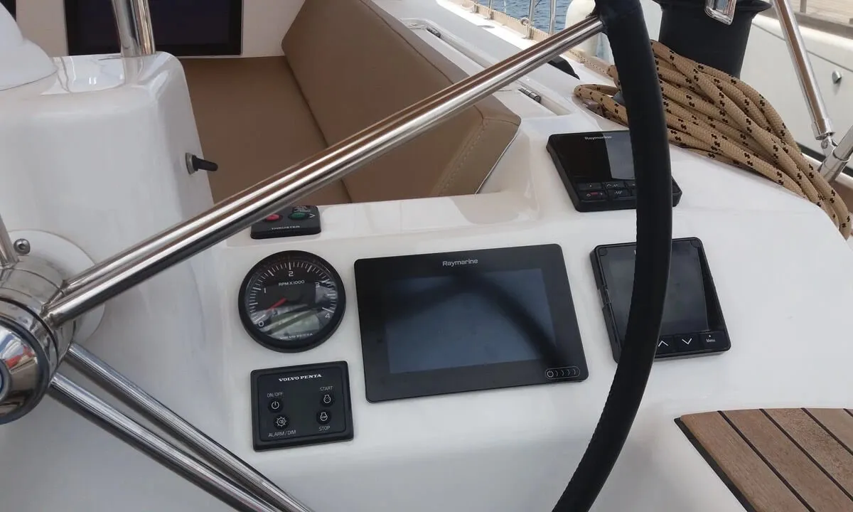 Cockpit of Nearchos, a Dufour 460 GL sailboat at Lavreotiki Municipal Unit, Greece