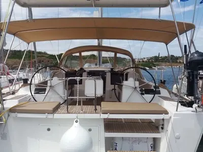 Cockpit of Nearchos, a Dufour 460 GL sailboat at Lavreotiki Municipal Unit, Greece