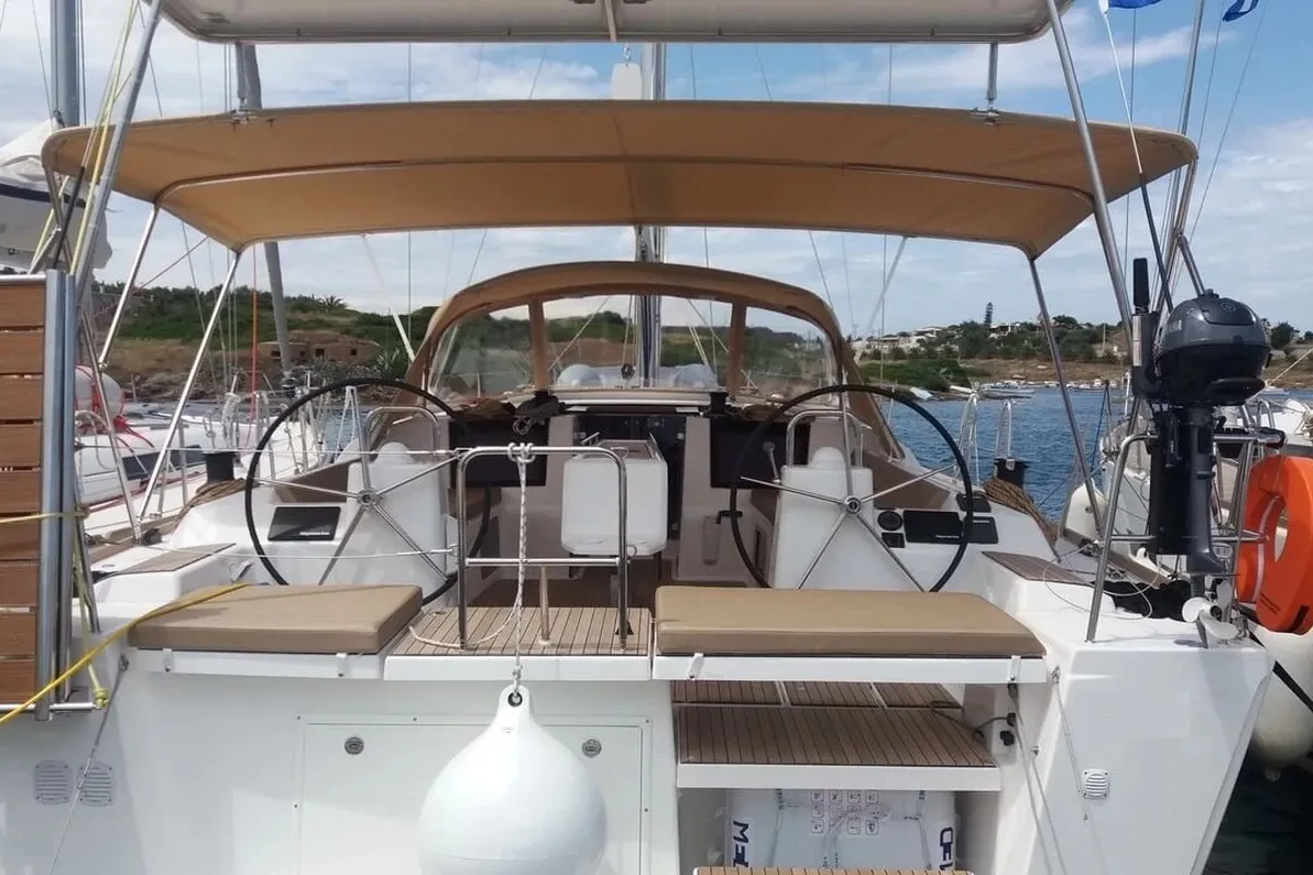 Cockpit of Nearchos, a Dufour 460 GL sailboat at Lavreotiki Municipal Unit, Greece