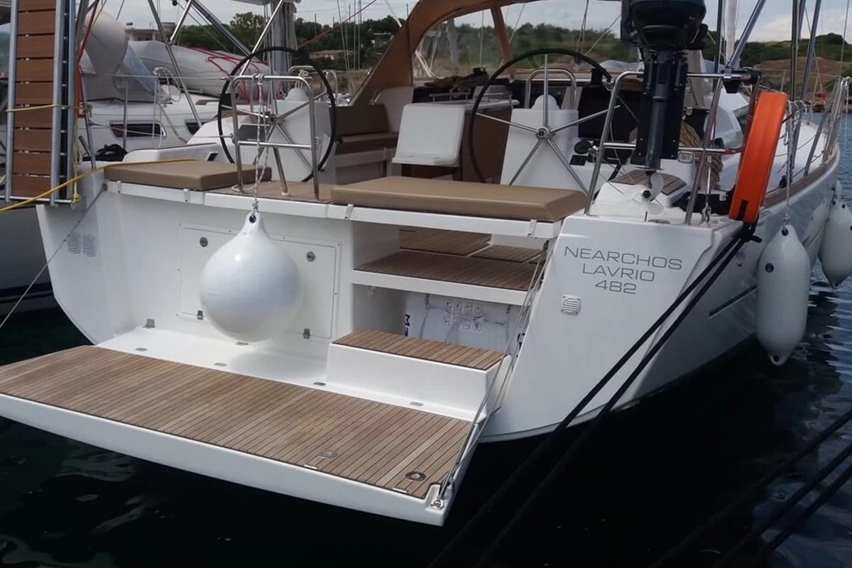 Exterior view of Nearchos, a Dufour 460 GL sailboat at Lavreotiki Municipal Unit, Greece