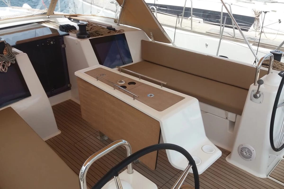 Cockpit of Nearchos, a Dufour 460 GL sailboat at Lavreotiki Municipal Unit, Greece