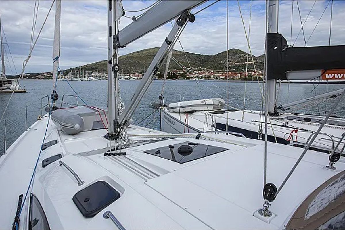 Exterior view of Elysium I, a Elan Impression 50 sailboat at Seget Donji, Croatia