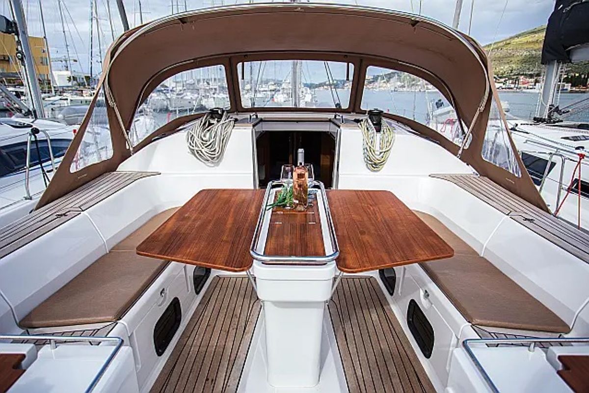 Deck of Elysium I, a Elan Impression 50 sailboat at Seget Donji, Croatia