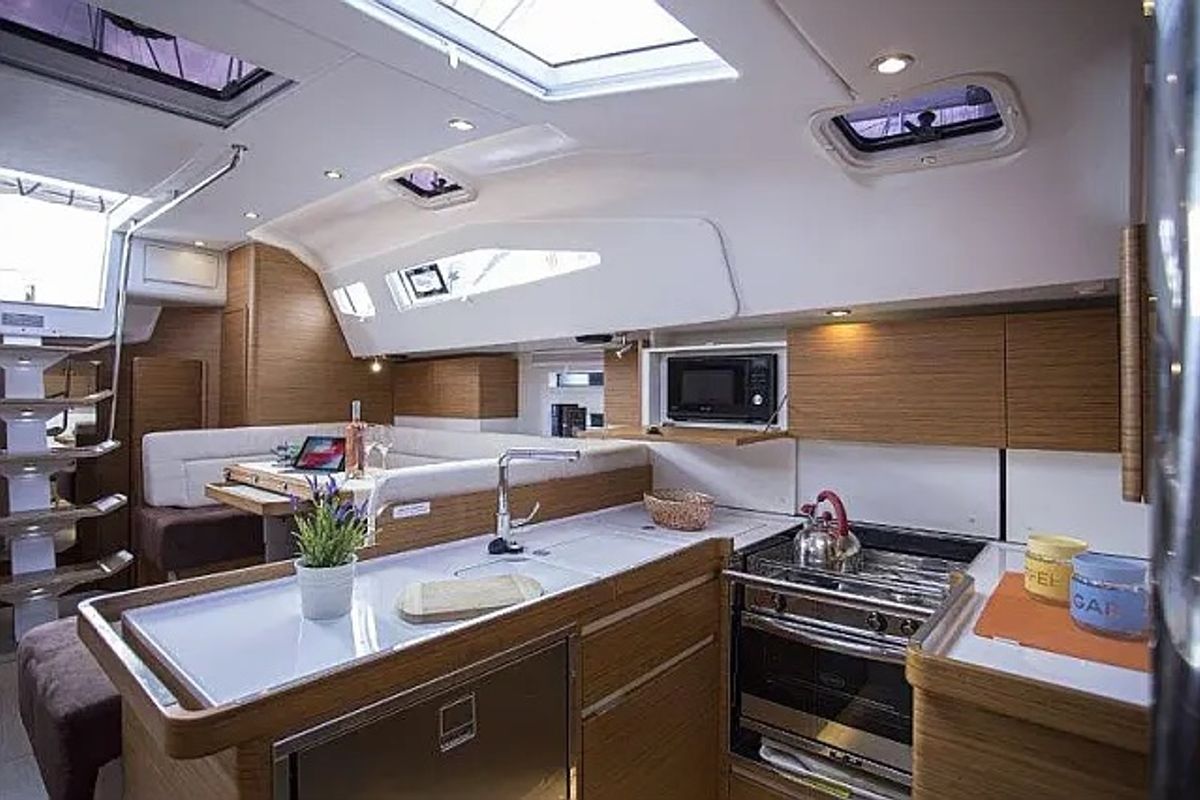 Galley of Elysium I, a Elan Impression 50 sailboat at Seget Donji, Croatia