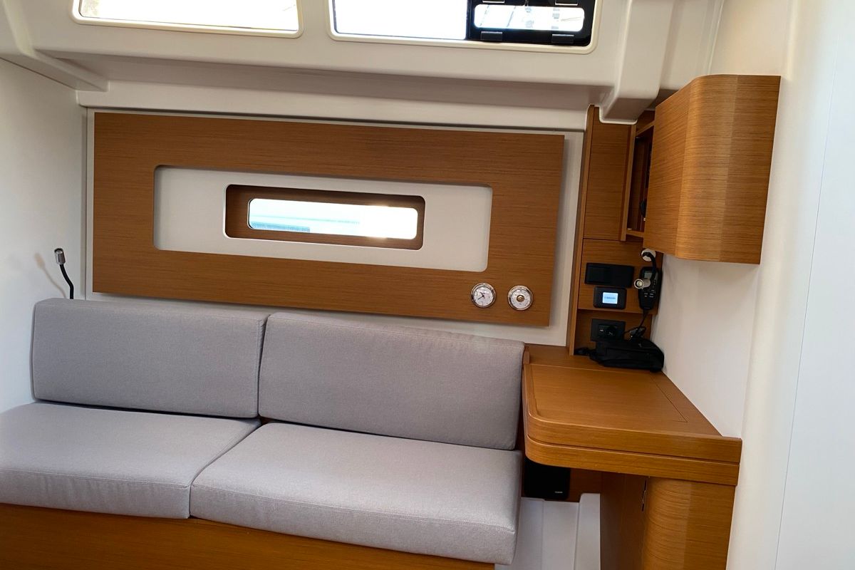 Salon of Saetta, a Beneteau First 44 sailboat at Olbia, Italy