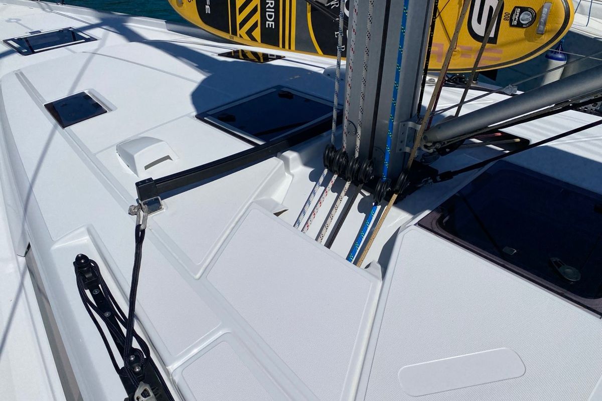 Deck of Saetta, a Beneteau First 44 sailboat at Olbia, Italy