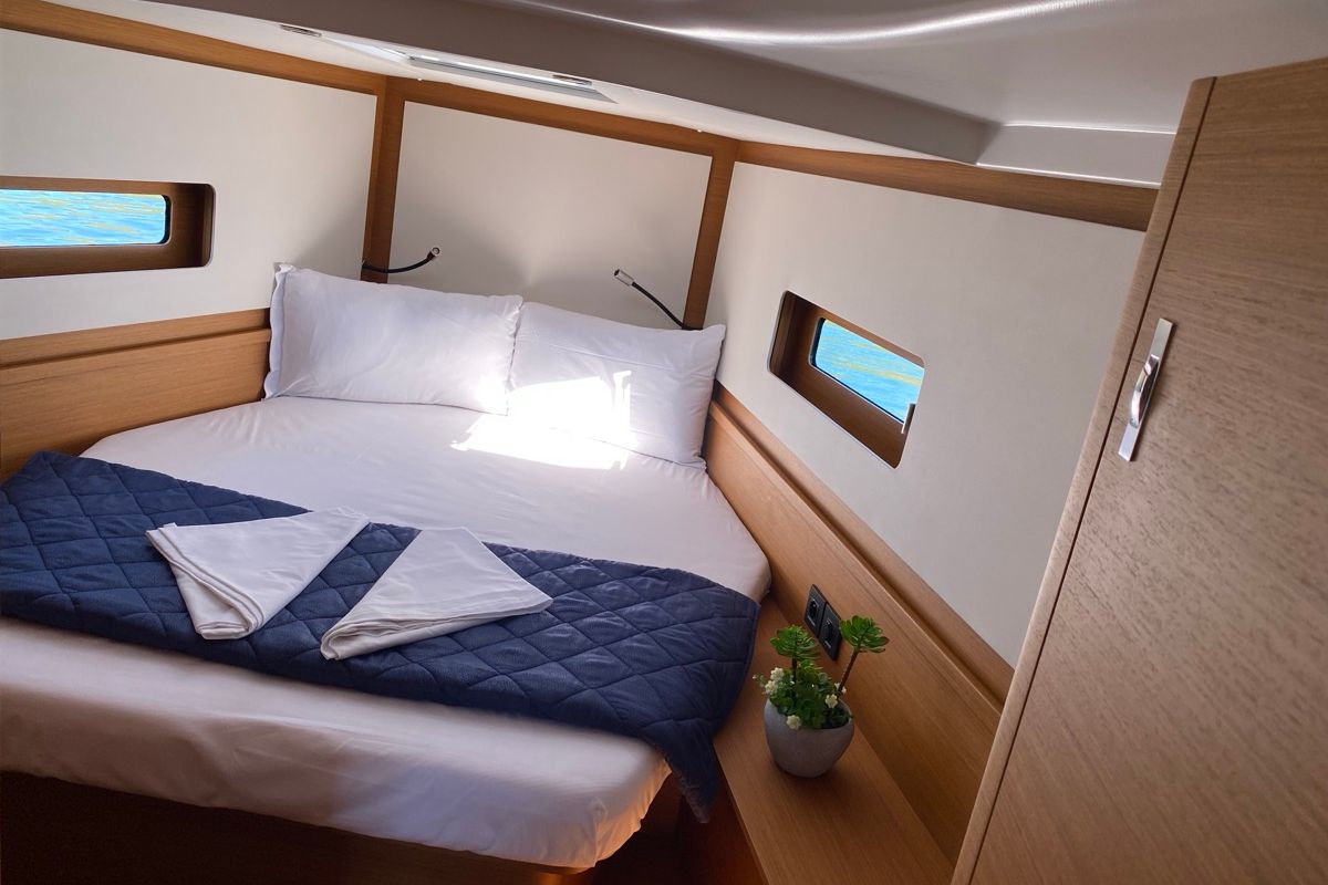 Cabin on Saetta, a Beneteau First 44 sailboat at Olbia, Italy