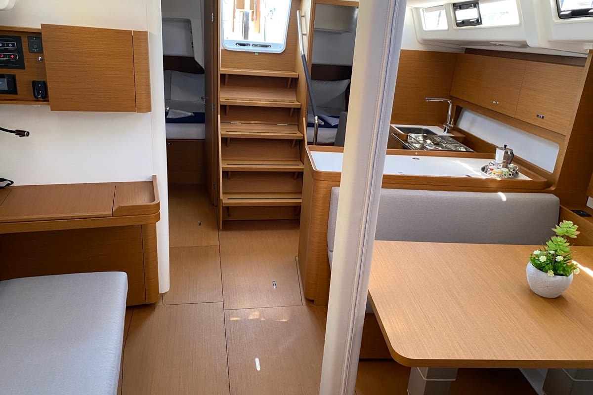 Salon of Saetta, a Beneteau First 44 sailboat at Olbia, Italy