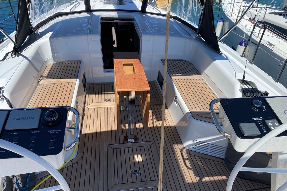 Cockpit of Saetta, a Beneteau First 44 sailboat at Olbia, Italy