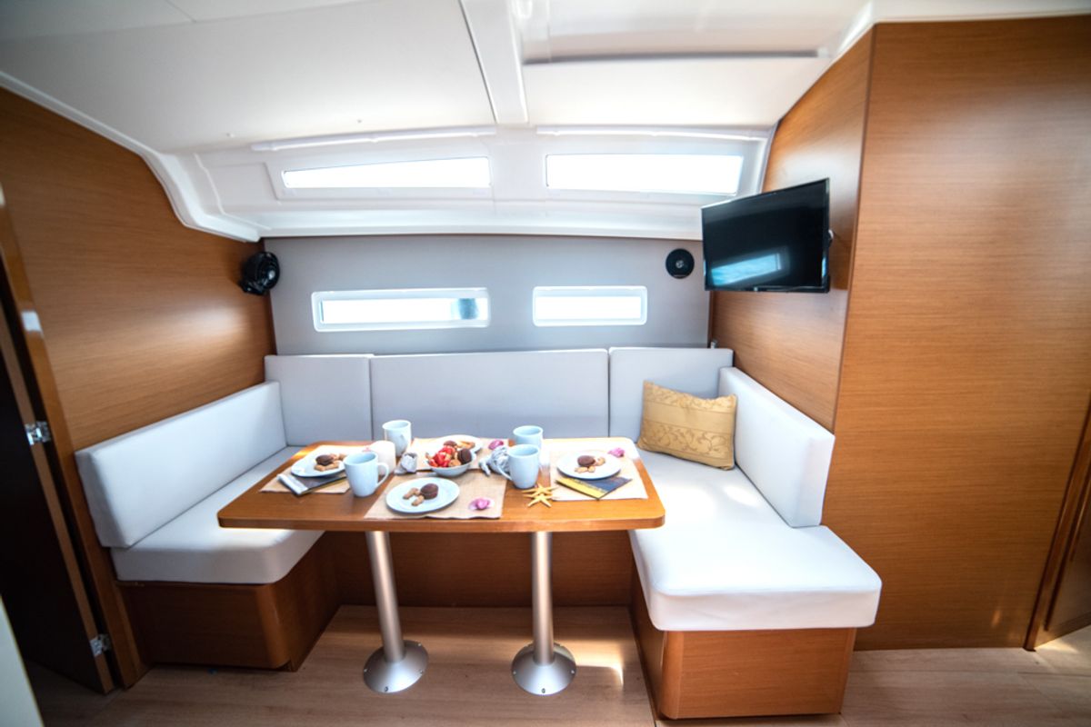 Salon of Marianna, a Jeanneau Sun Odyssey 410 sailboat at Gouvia, Greece