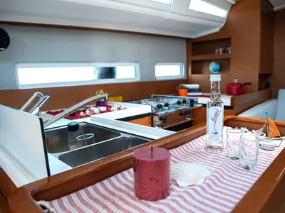 Galley of Marianna, a Jeanneau Sun Odyssey 410 sailboat at Gouvia, Greece