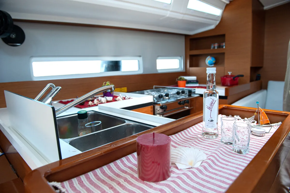 Galley of Marianna, a Jeanneau Sun Odyssey 410 sailboat at Gouvia, Greece