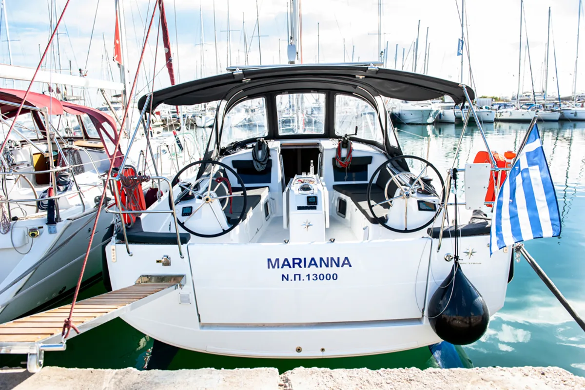 Exterior view of Marianna, a Jeanneau Sun Odyssey 410 sailboat at Gouvia, Greece