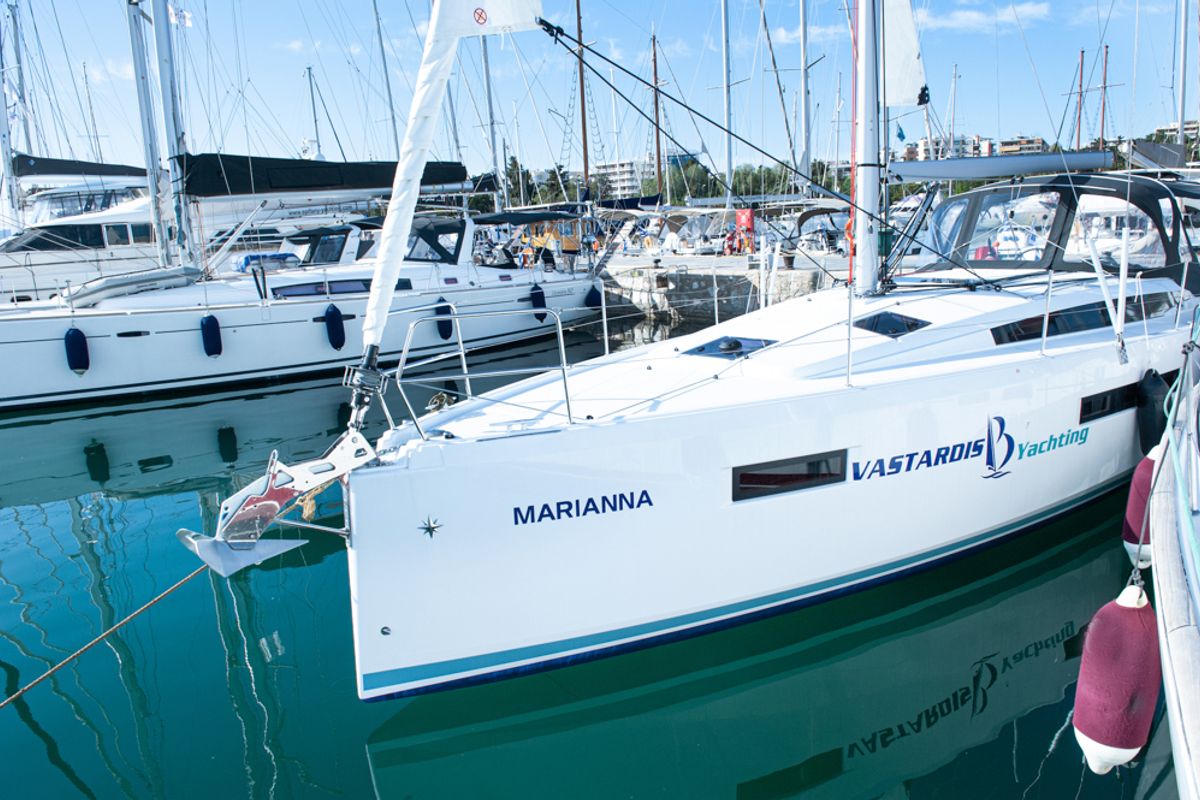 Exterior view of Marianna, a Jeanneau Sun Odyssey 410 sailboat at Gouvia, Greece