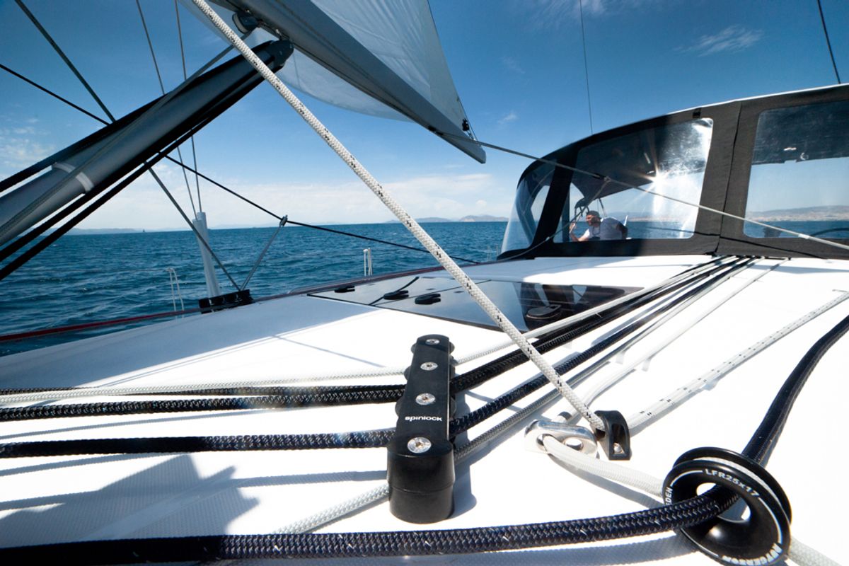 Deck of Marianna, a Jeanneau Sun Odyssey 410 sailboat at Gouvia, Greece