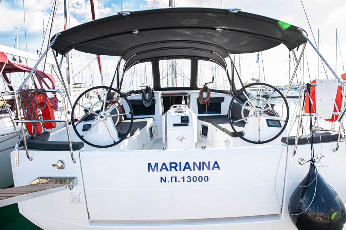 Cockpit of Marianna, a Jeanneau Sun Odyssey 410 sailboat at Gouvia, Greece