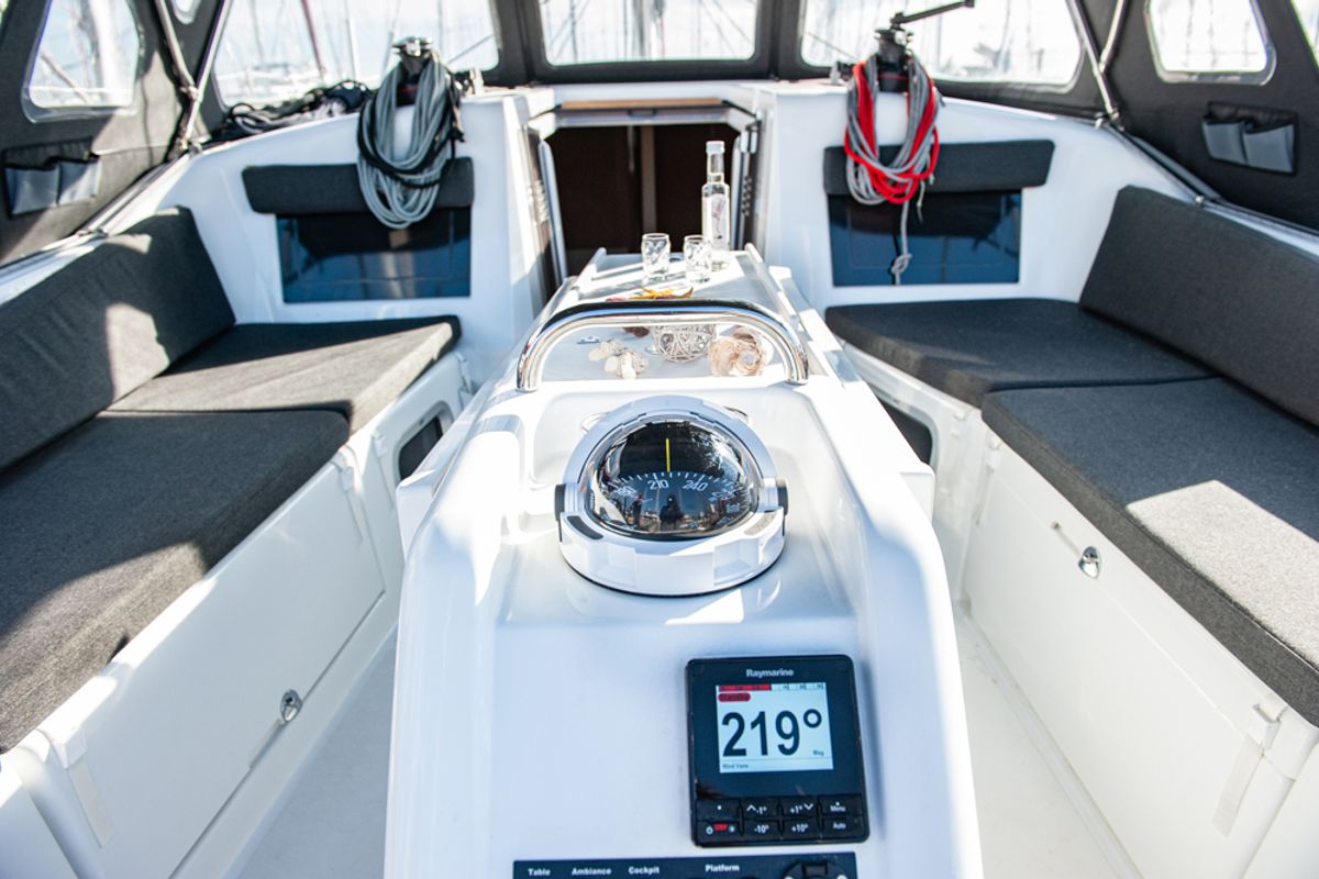 Cockpit of Marianna, a Jeanneau Sun Odyssey 410 sailboat at Gouvia, Greece