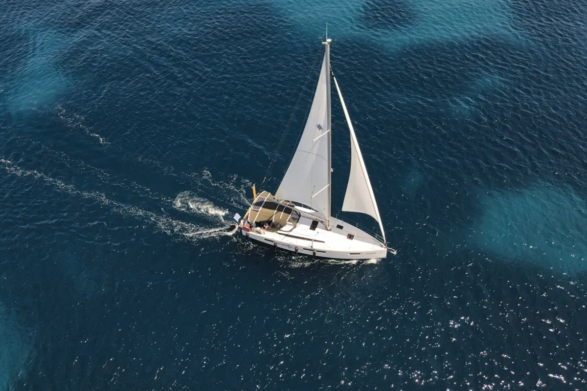 Exterior view of Marianna, a Jeanneau Sun Odyssey 410 sailboat at Gouvia, Greece