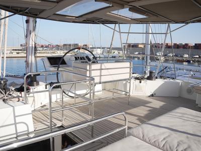 Cockpit of Balthazar, a Lagoon 560 catamaran at Olbia, Italy