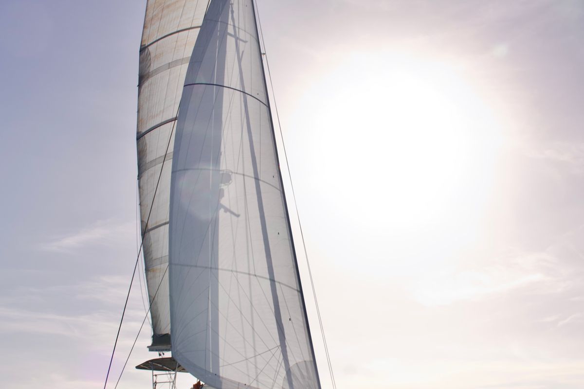 Exterior view of Balthazar, a Lagoon 560 catamaran at Olbia, Italy