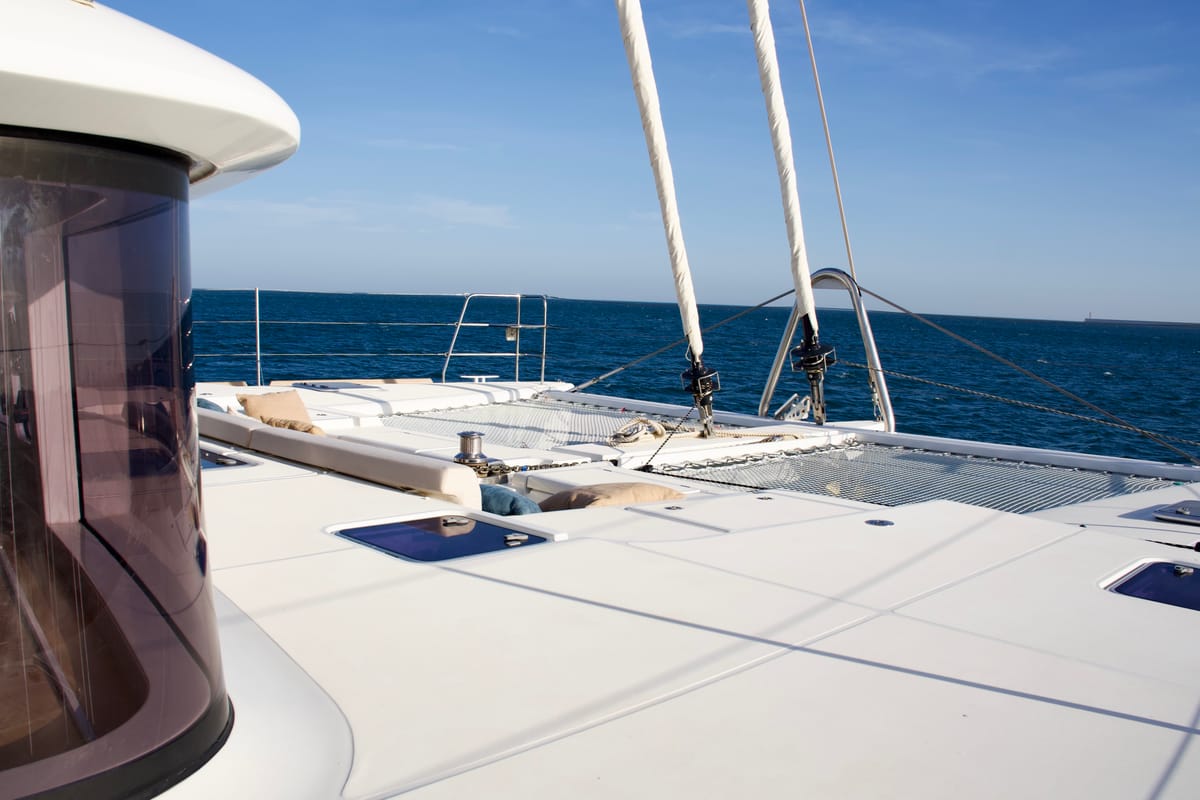 Deck of Balthazar, a Lagoon 560 catamaran at Olbia, Italy