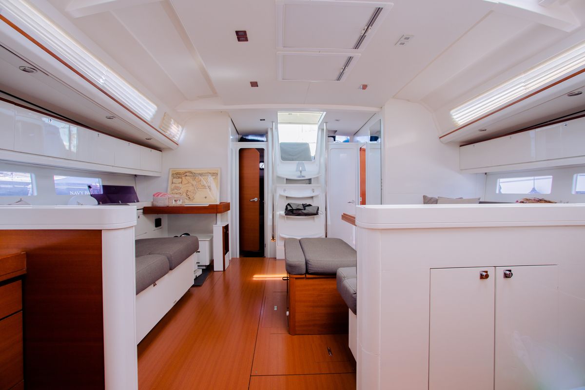 Salon of Balthazar, a Lagoon 560 catamaran at Olbia, Italy