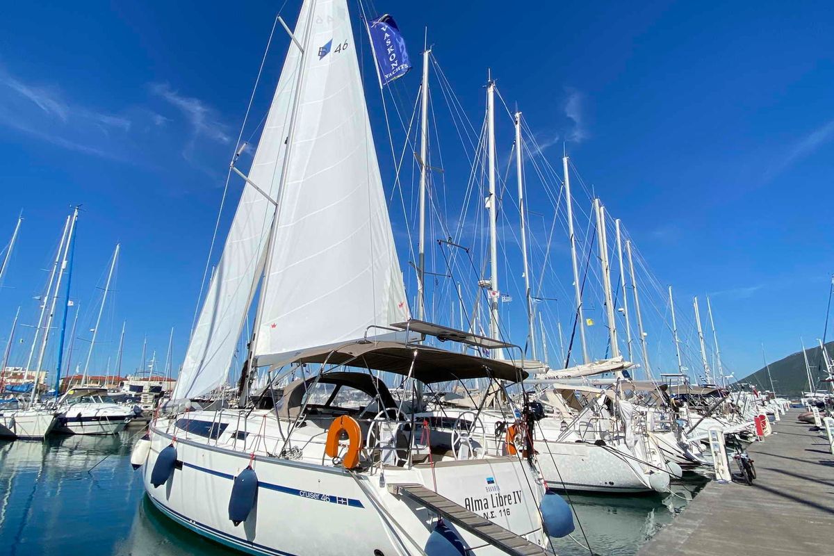 Exterior view of ALMA LIBRE IV, a Bavaria Cruiser 46 sailboat at Municipal Unit of Lefkada, Greece