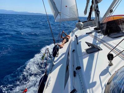 Deck of ALMA LIBRE IV, a Bavaria Cruiser 46 sailboat at Municipal Unit of Lefkada, Greece