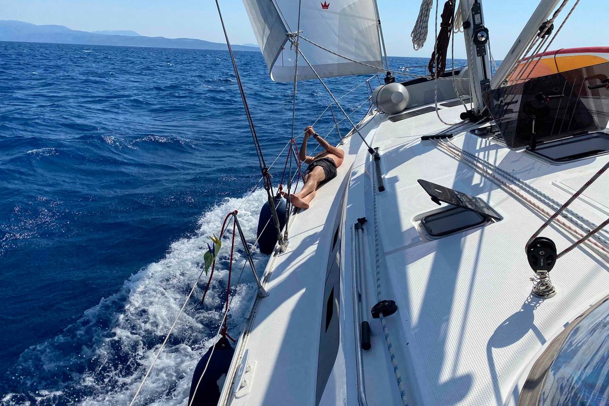 Deck of ALMA LIBRE IV, a Bavaria Cruiser 46 sailboat at Municipal Unit of Lefkada, Greece