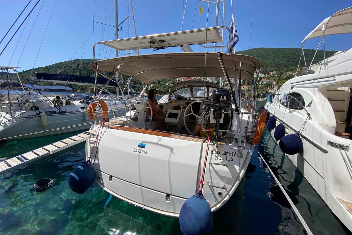 Exterior view of ALMA LIBRE IV, a Bavaria Cruiser 46 sailboat at Municipal Unit of Lefkada, Greece