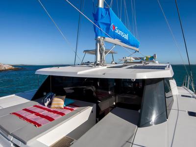 Deck of Sunsail 424/4/4 Premium, a Gulet Sunsail 424 catamaran at Gouvia, Greece