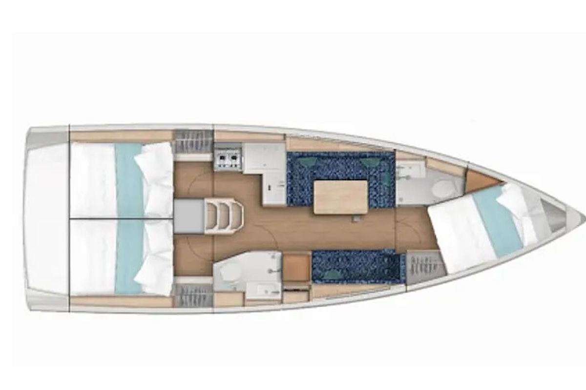 Floor plan of Sunsail 38.0 Premium, a Jeanneau Sun Odyssey 380 sailboat at Municipal Unit of Lefkada, Greece
