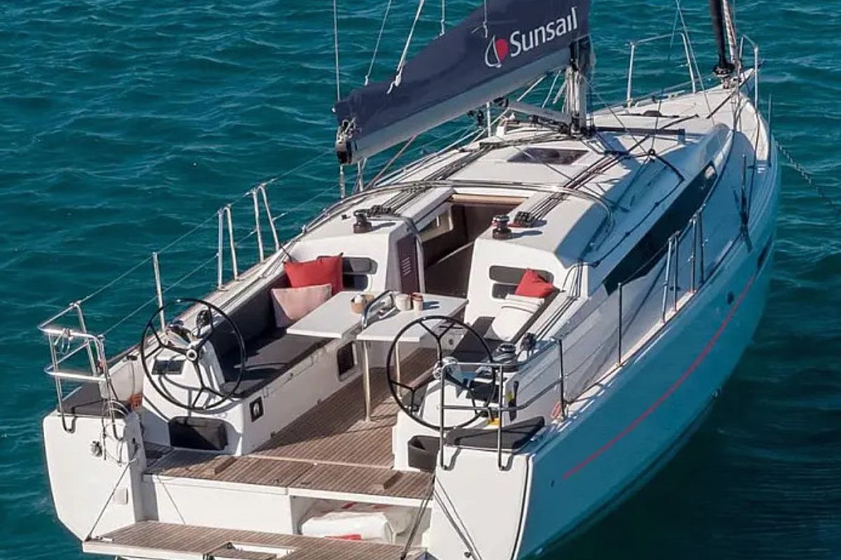 Exterior view of Sunsail 38.0 Premium, a Jeanneau Sun Odyssey 380 sailboat at Municipal Unit of Lefkada, Greece