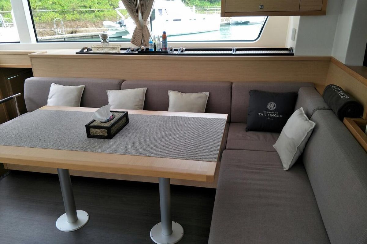 Salon of Blue Moon, a Lagoon 52 F catamaran at Pa Khlok, Thailand