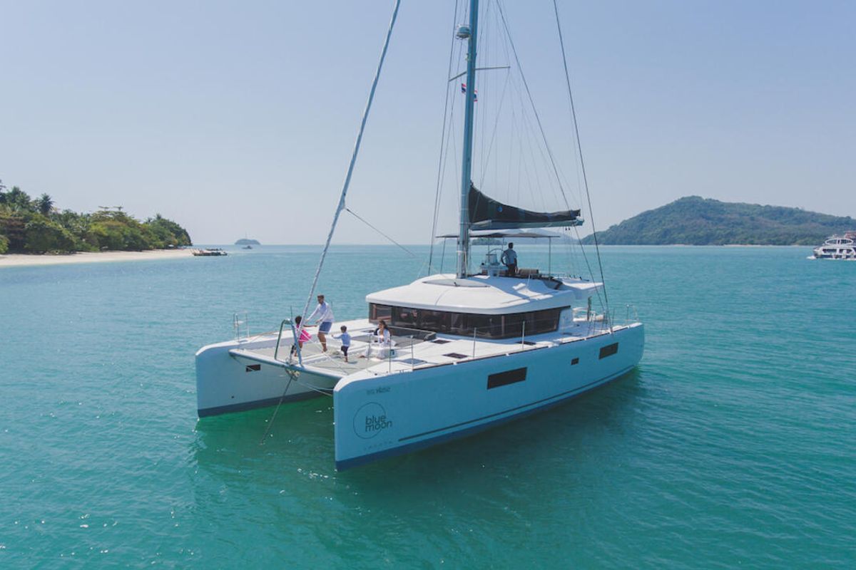 Exterior view of Blue Moon, a Lagoon 52 F catamaran at Pa Khlok, Thailand