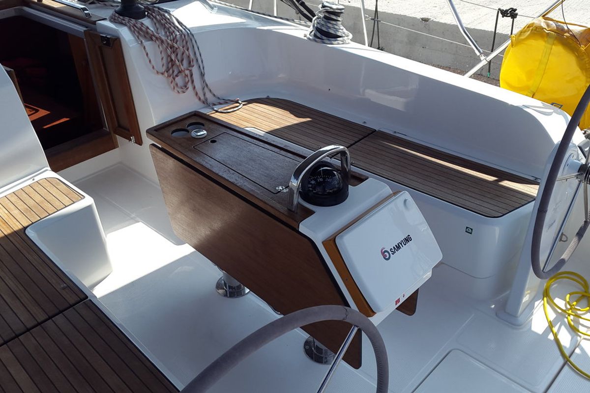 Cockpit of Okyalos, a Bavaria Cruiser 46 sailboat at Lavreotiki Municipal Unit, Greece
