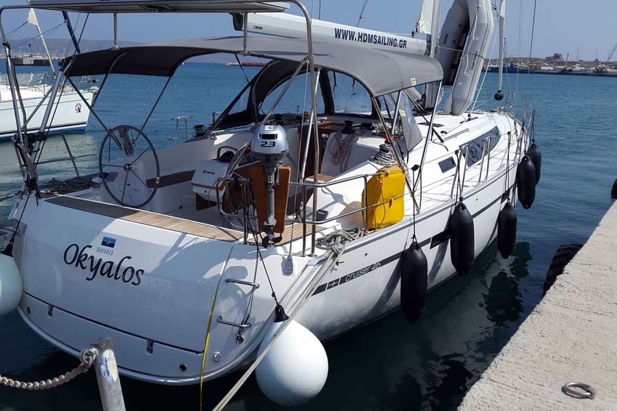 Exterior view of Okyalos, a Bavaria Cruiser 46 sailboat at Lavreotiki Municipal Unit, Greece