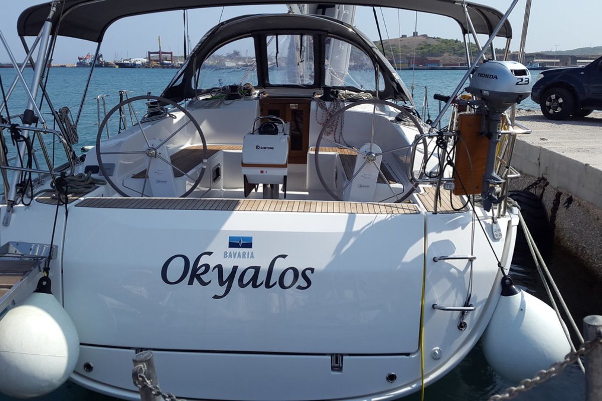 Exterior view of Okyalos, a Bavaria Cruiser 46 sailboat at Lavreotiki Municipal Unit, Greece