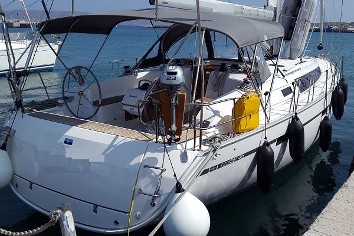 Exterior view of Okyalos, a Bavaria Cruiser 46 sailboat at Lavreotiki Municipal Unit, Greece