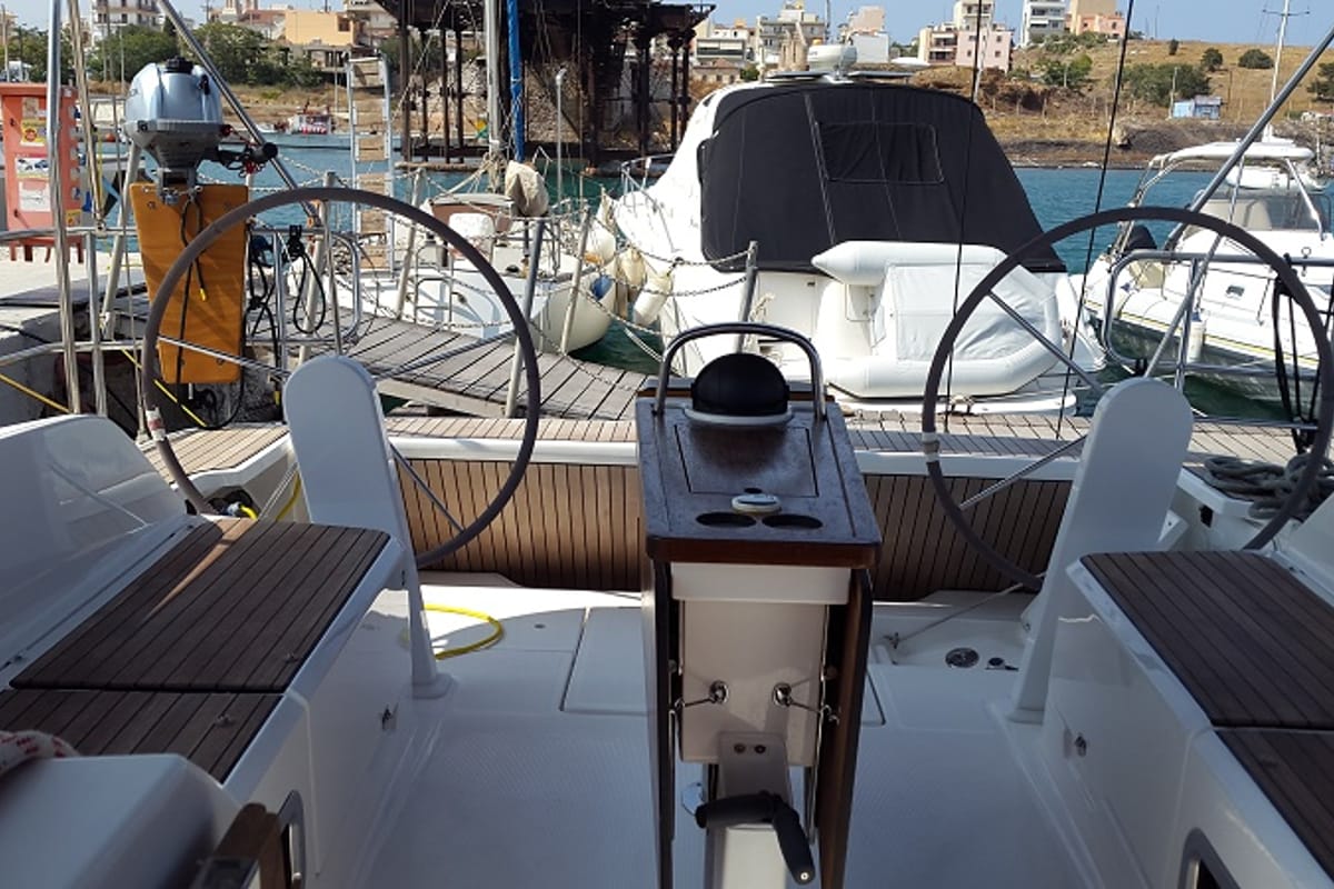 Cockpit of Okyalos, a Bavaria Cruiser 46 sailboat at Lavreotiki Municipal Unit, Greece