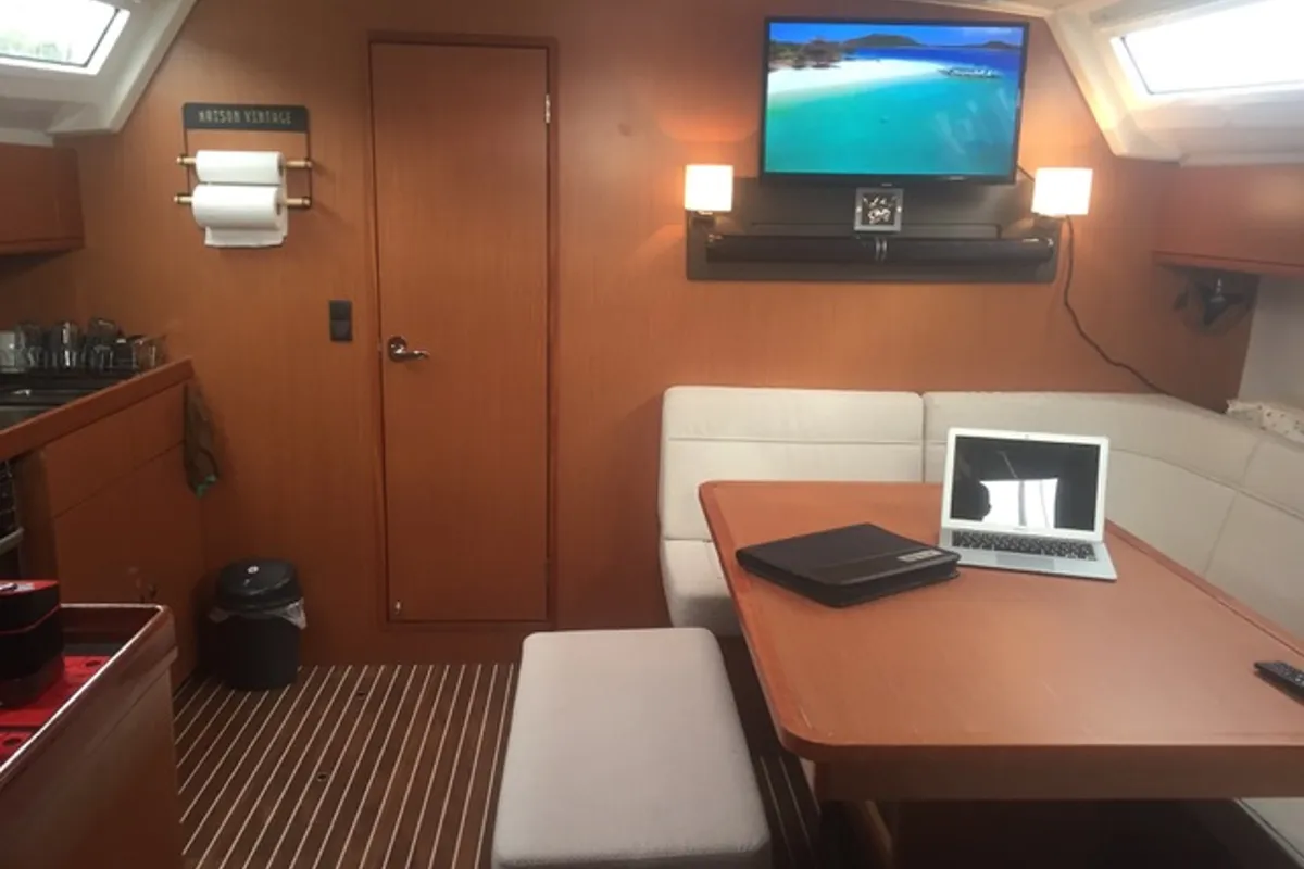 Salon of Renee, a Bavaria Cruiser 46 sailboat at Skiathos, Greece