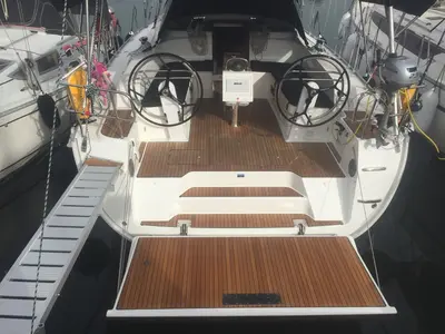 Cockpit of Renee, a Bavaria Cruiser 46 sailboat at Skiathos, Greece