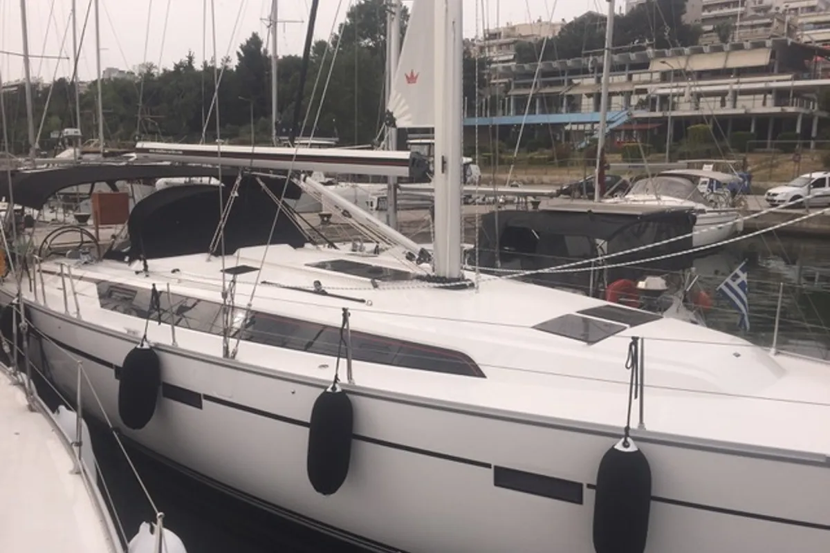 Exterior view of Renee, a Bavaria Cruiser 46 sailboat at Skiathos, Greece