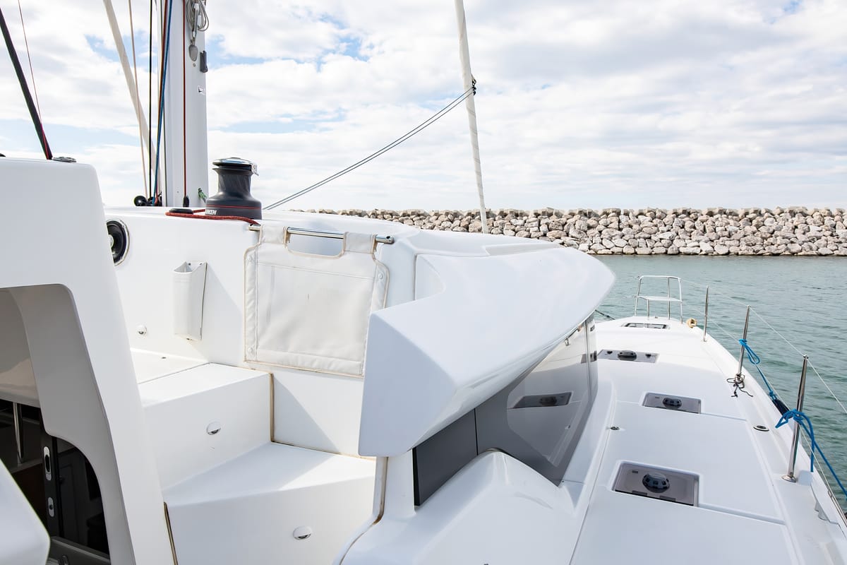 Deck of Cassata - Standard Line, a Lagoon 46 catamaran at Salerno, Italy