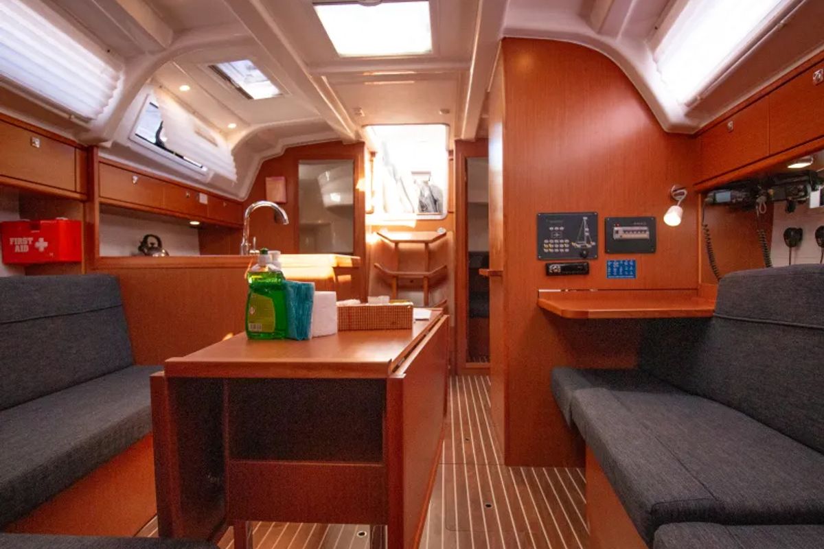 Salon of Stairway To Heaven, a Bavaria 37 sailboat at Municipal Unit of Sikyona, Greece